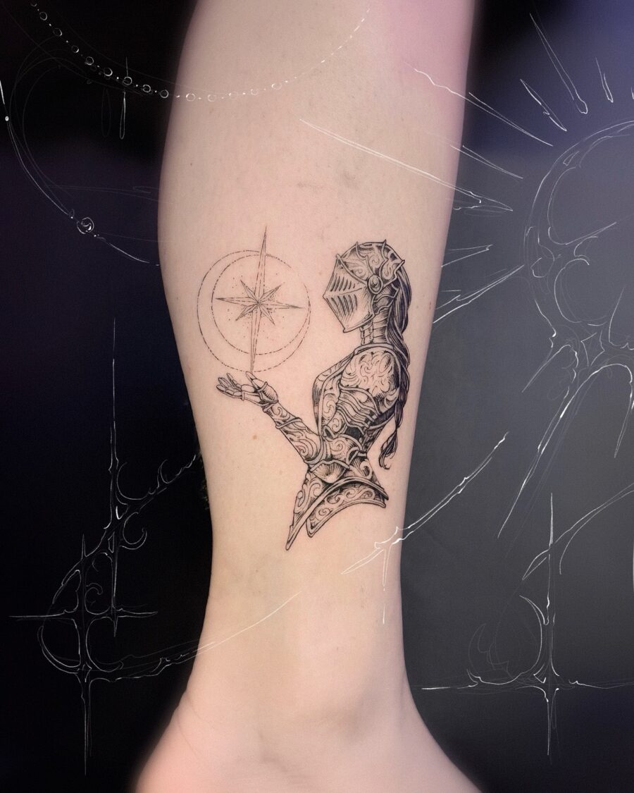 Intricate knight tattoo showcasing dark femininity