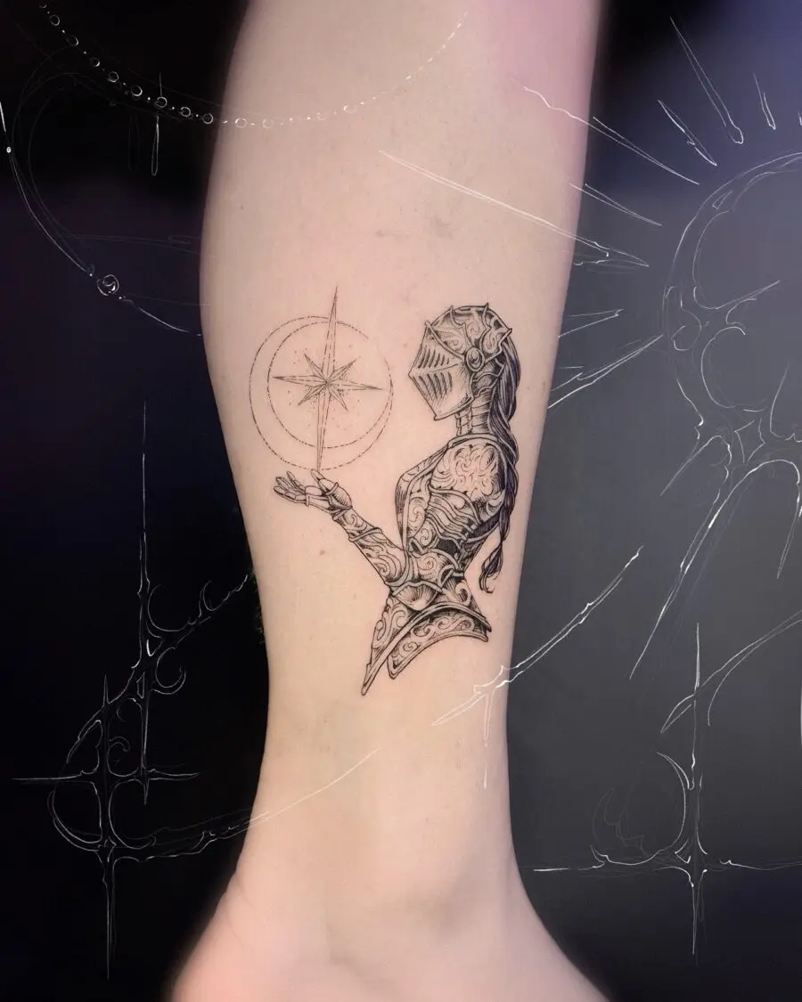 Intricate knight tattoo showcasing dark femininity