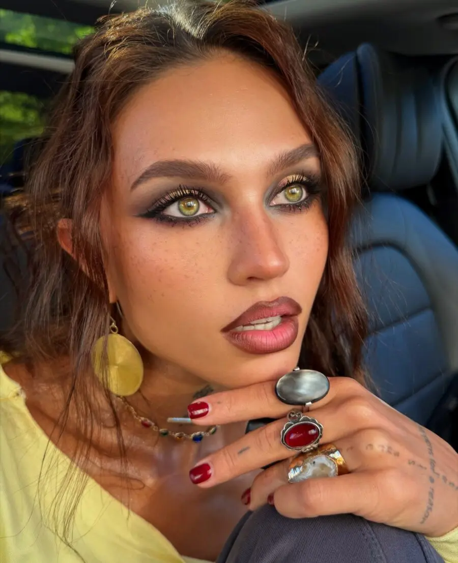 Beautiful dark feminine look with vivid accents
