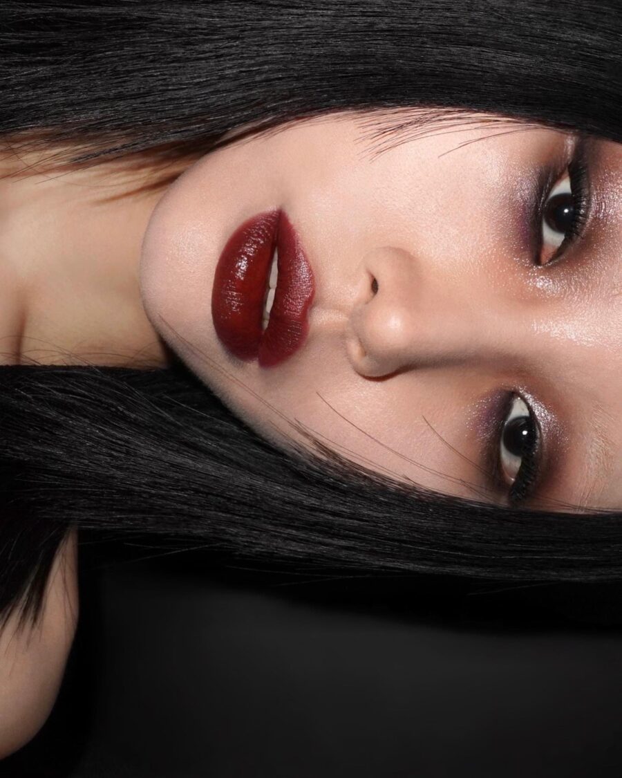 Captivating dark feminine makeup with bold lips