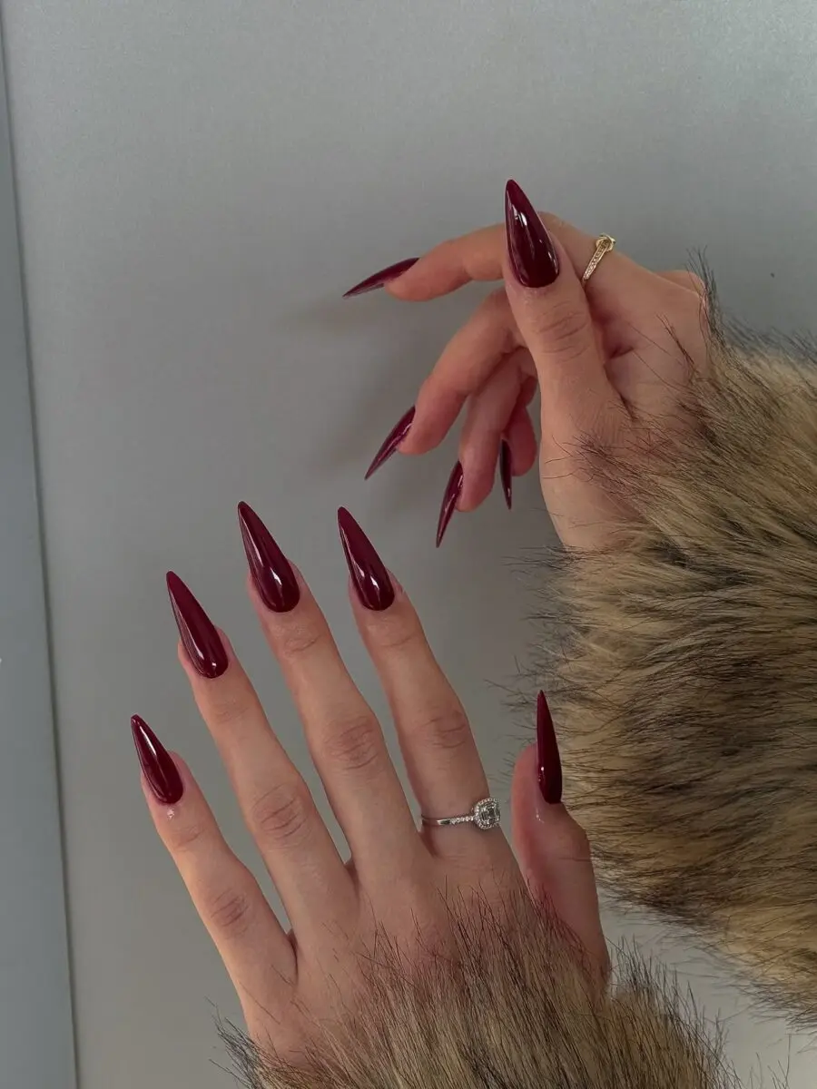 Stylish dark feminine burgundy nails on display