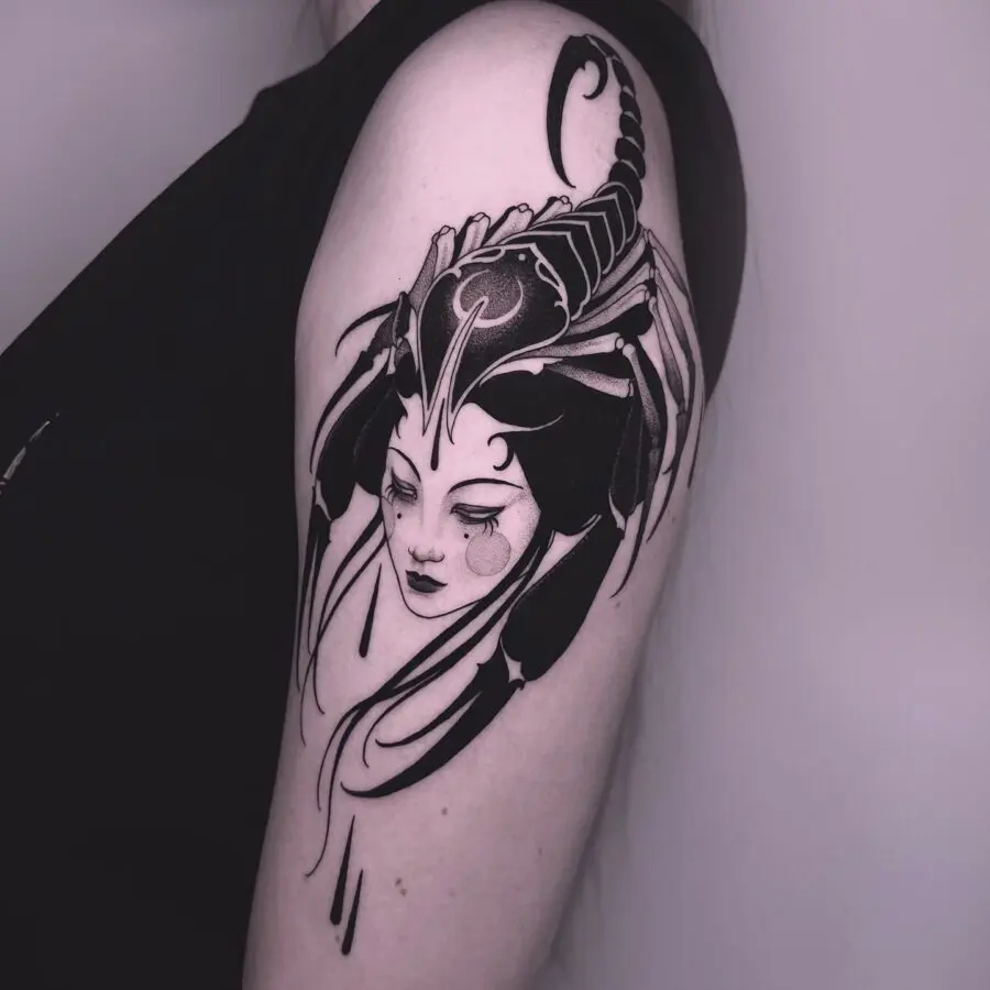 Intricate scorpion-themed feminine tattoo design