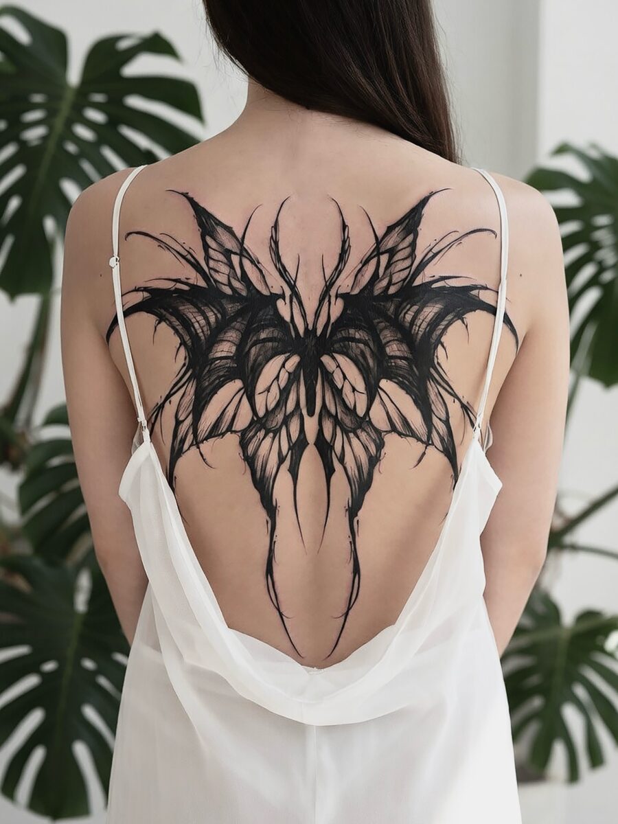 Intricate butterfly tattoo exuding dark elegance
