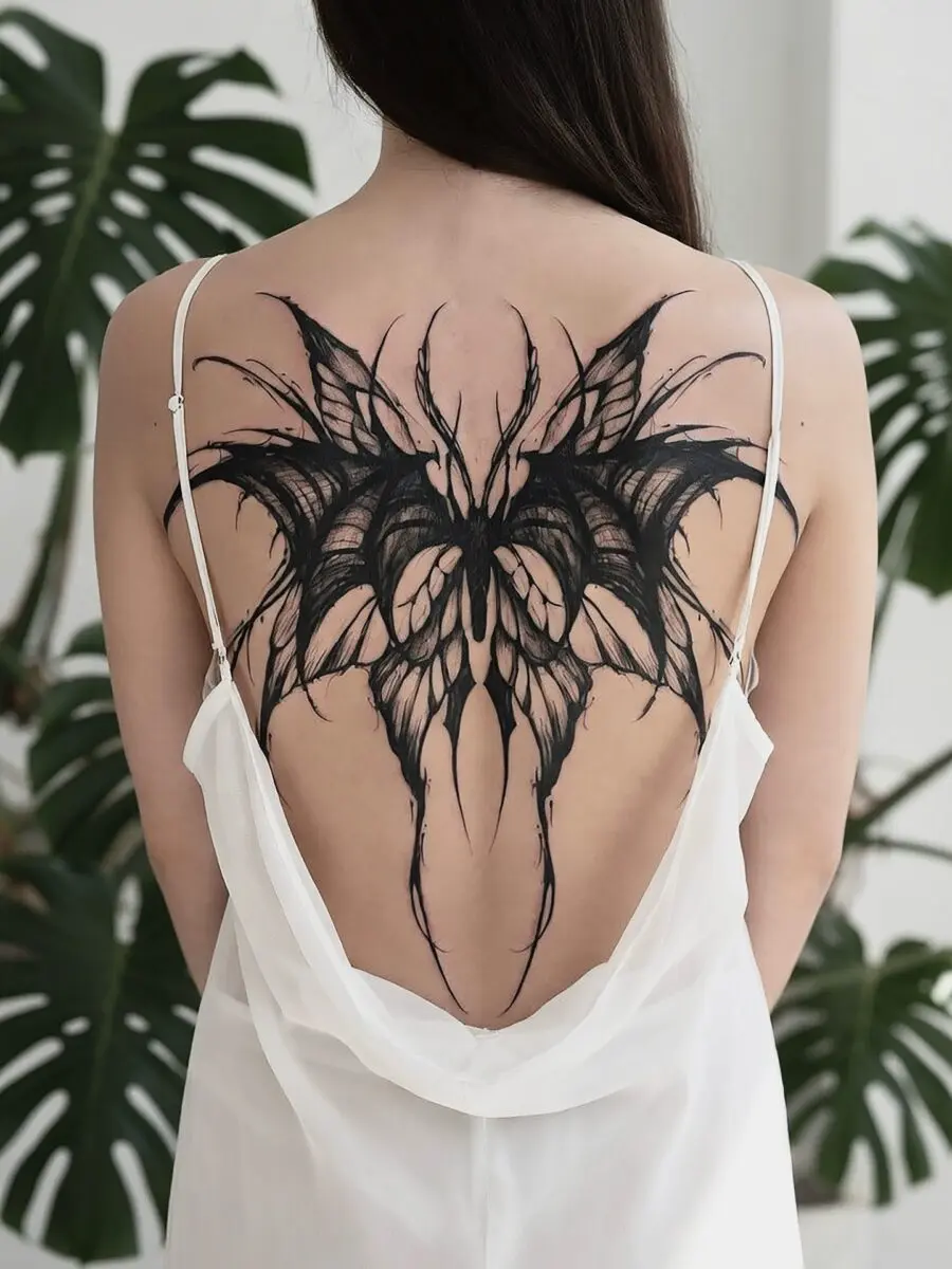 Intricate butterfly tattoo exuding dark elegance