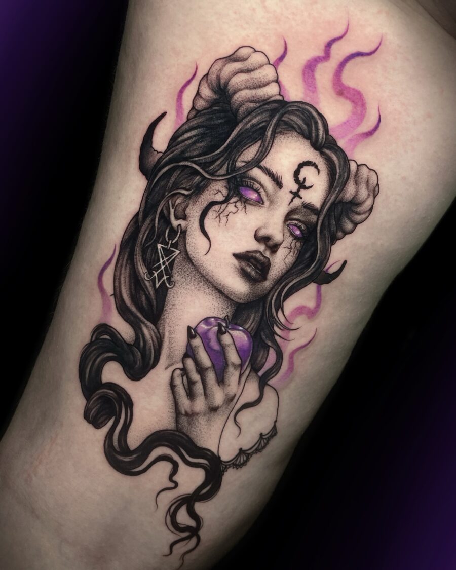 Enchanting dark feminine tattoo with mystical elements