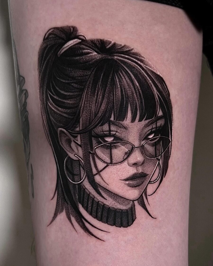 Edgy portrait tattoo with dark feminine vibes