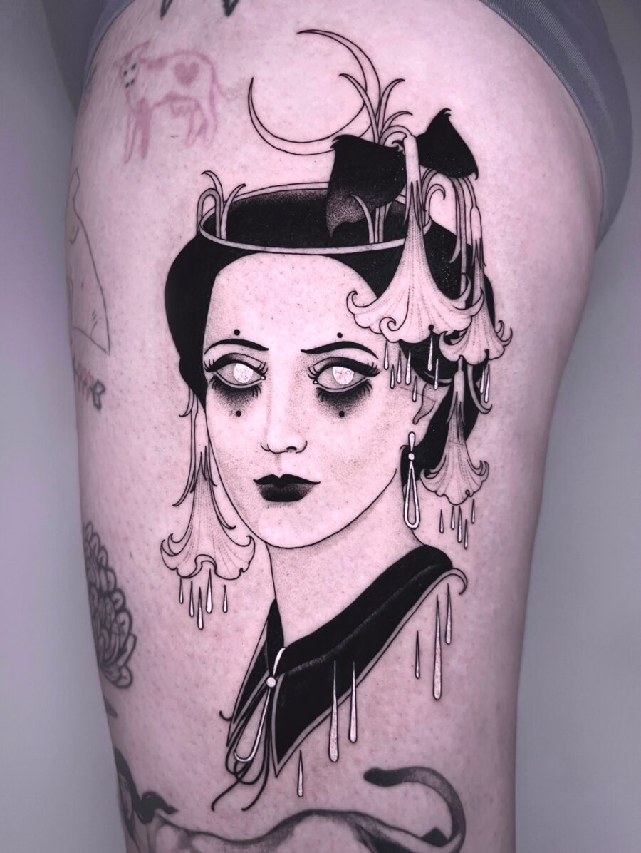 Ethereal gothic feminine portrait tattoo in black