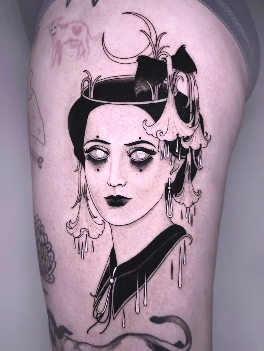 Ethereal gothic feminine portrait tattoo in black