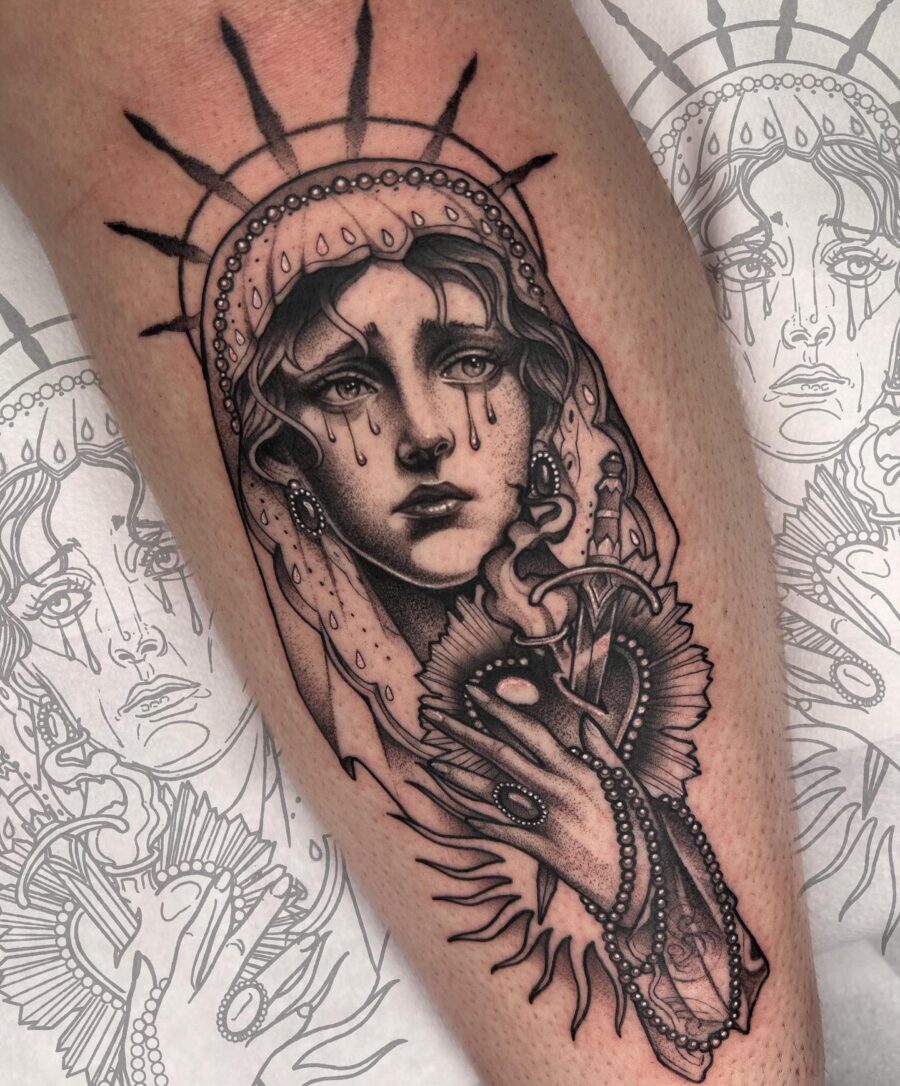 Sacred and haunting dark feminine tattoo design