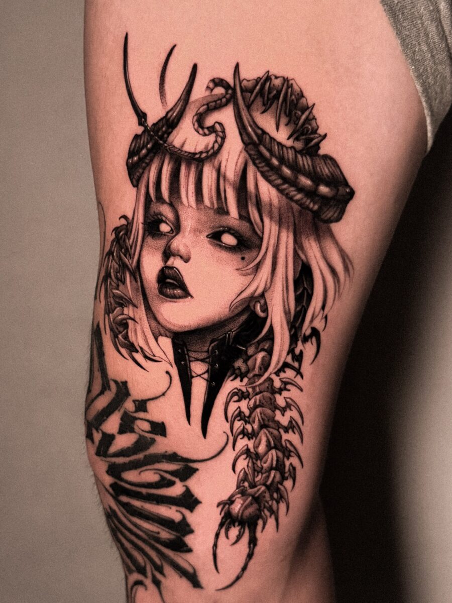 Striking Dark Feminine Tattoo With Scorpion Elements