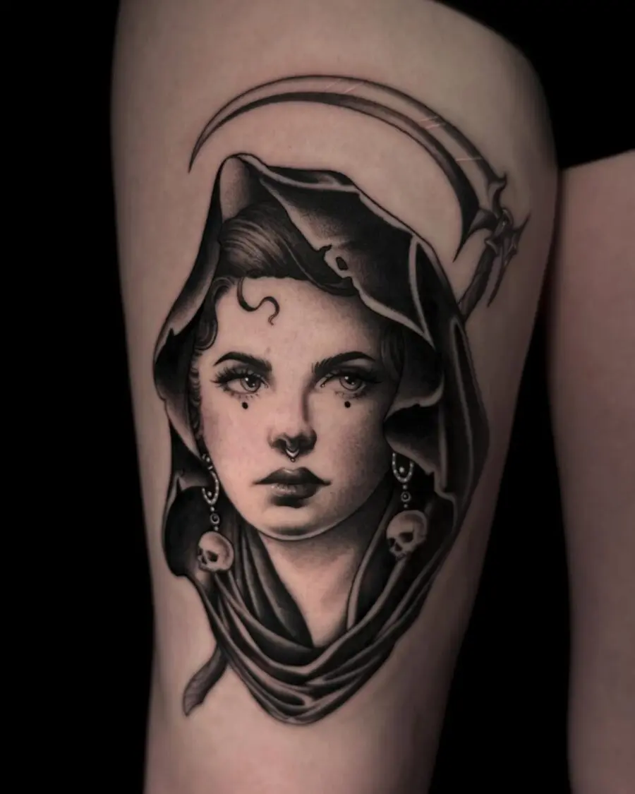 Enchanting dark feminine portrait with scythe
