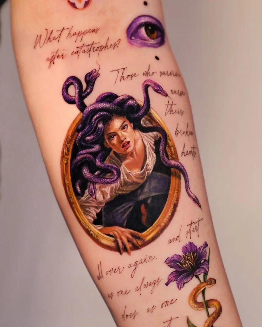 Intriguing dark feminine tattoo with serpentine elements