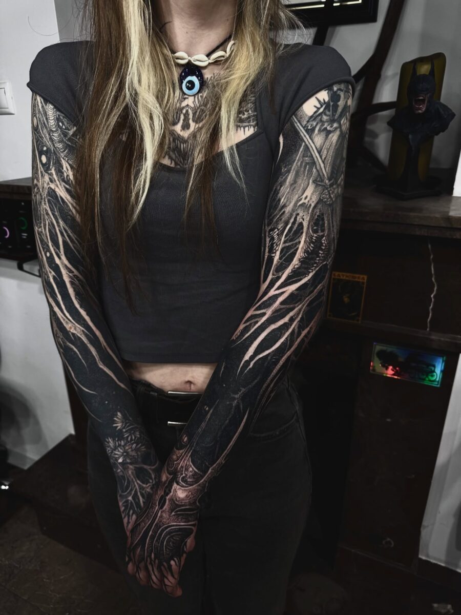 Intricate dark feminine full arm tattoos design