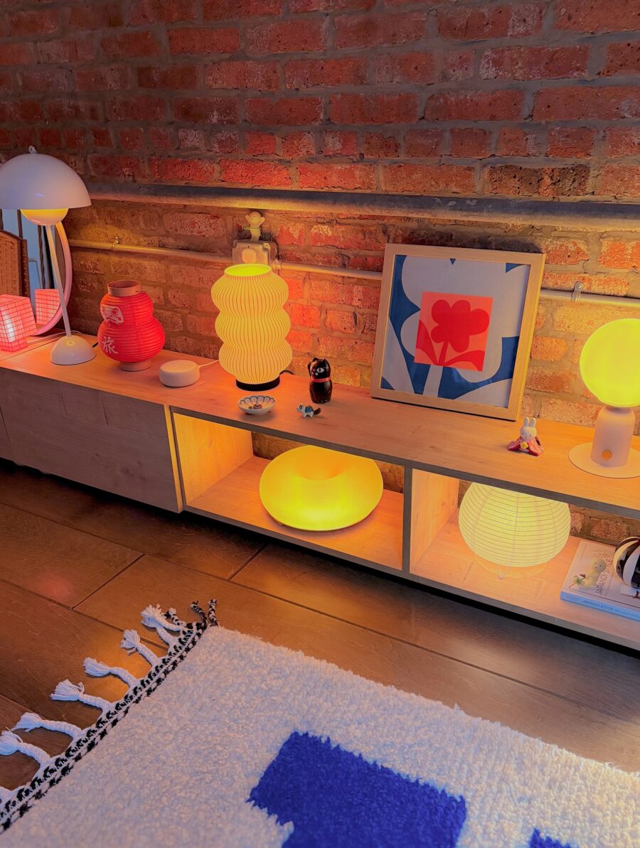 Vibrant lamps enhance cozy living space ambiance