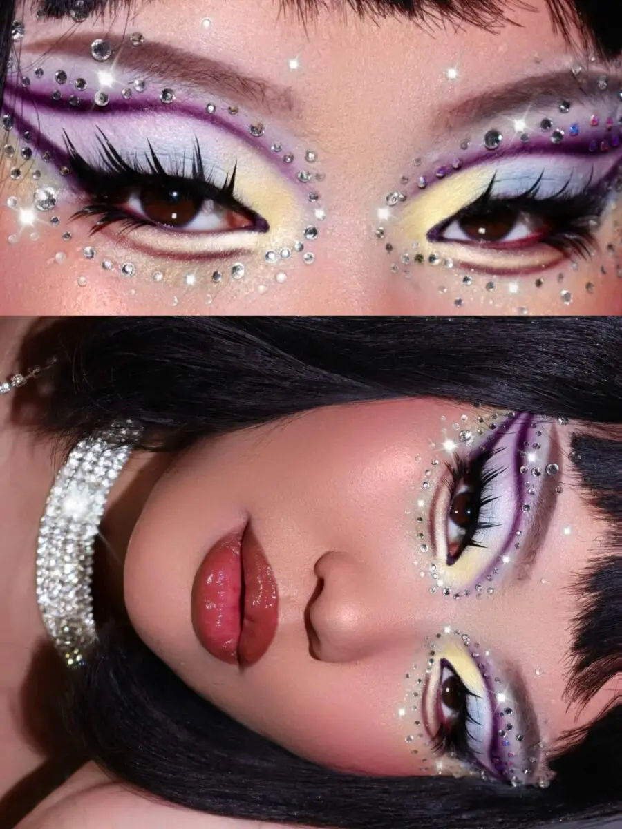 Vibrant rhinestone-accented makeup look