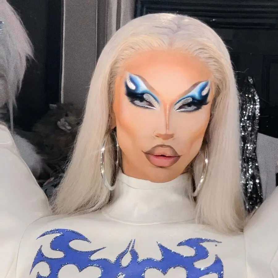 Bold and fierce blue drag queen makeup look