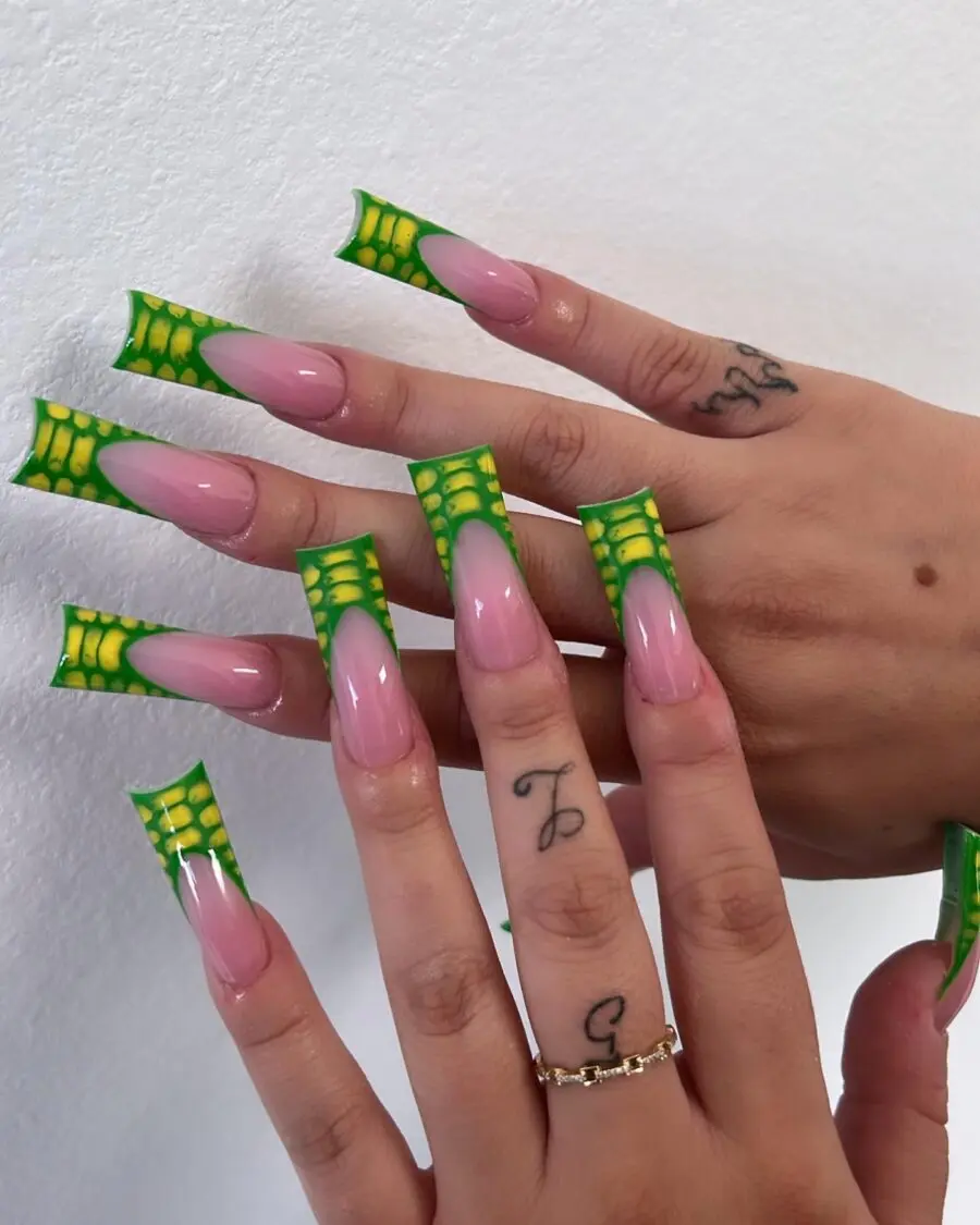 Vivid green and yellow duck nail design showcase