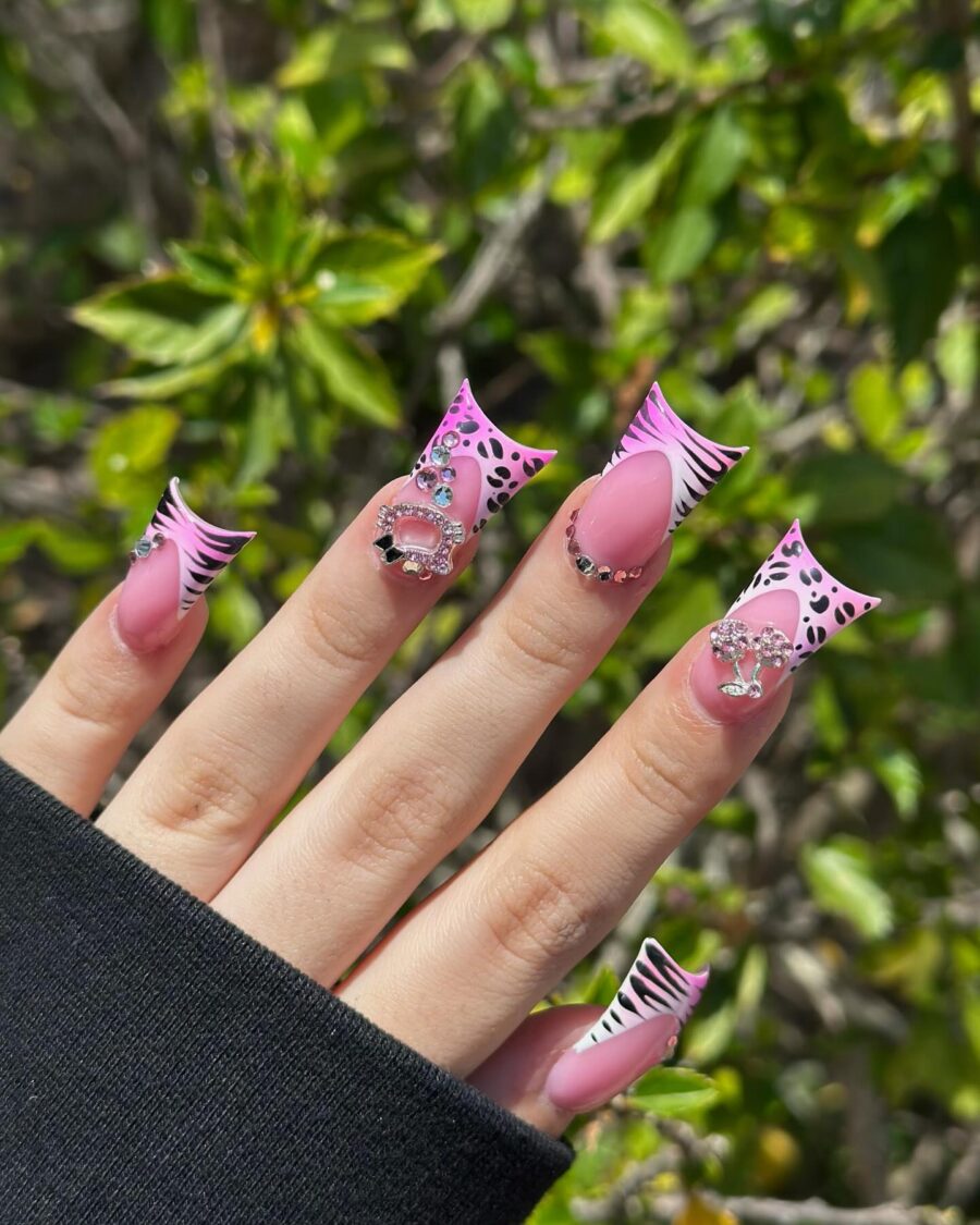 Vibrant Duck Nails with Rhinestone Accents