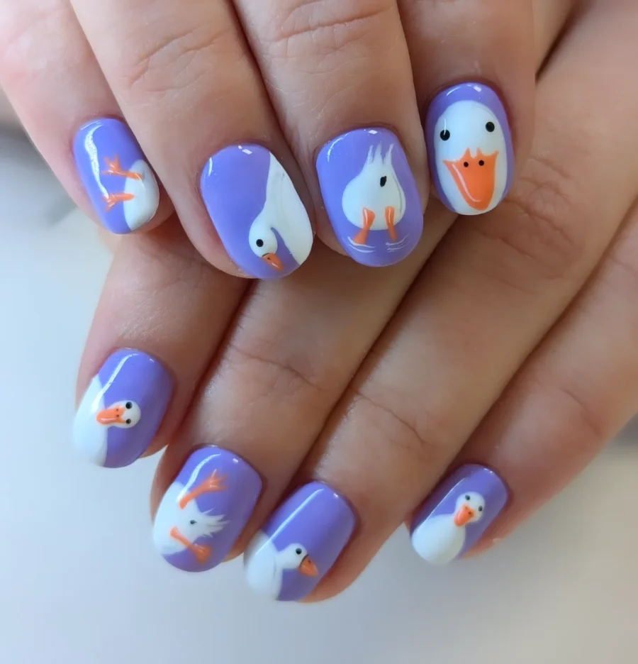 Vibrant Duck Nail Art with Purple Background