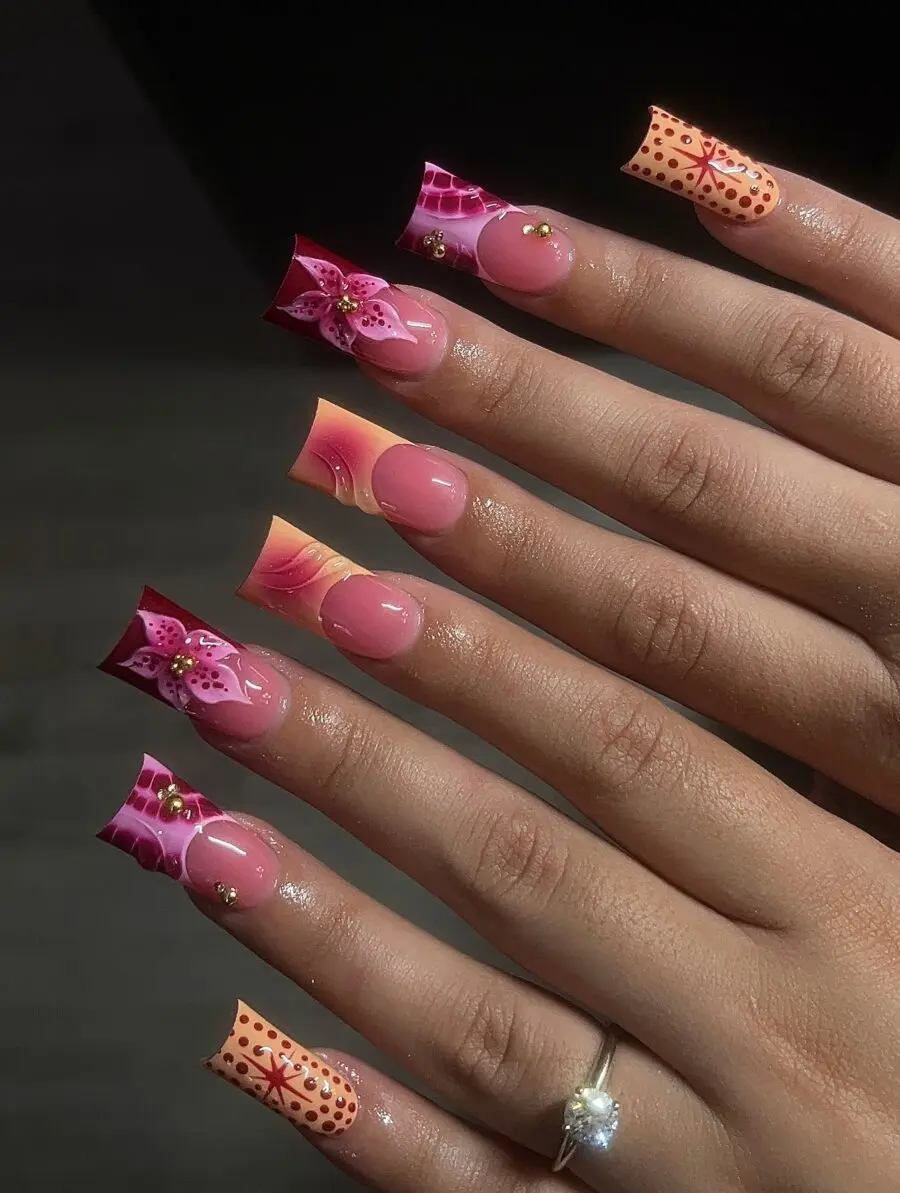 Stylish duck nails with floral patterns and colors
