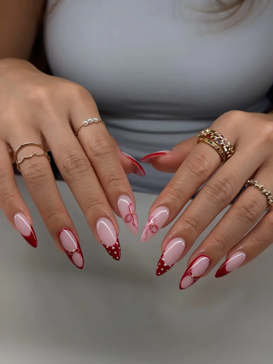 Chic Holiday Nails with Red Bows