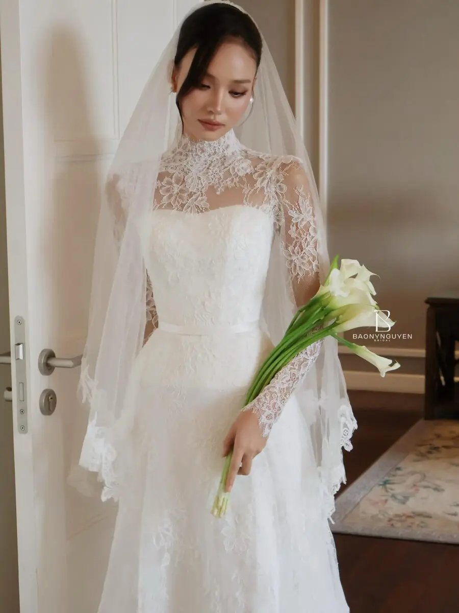 Stunning Lace Sleeved Wedding Dress With Veil