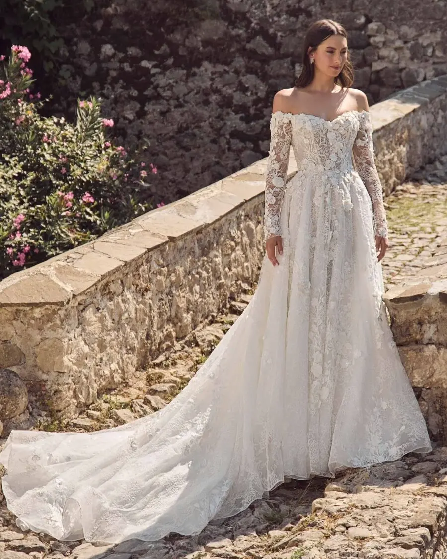 Stunning off-shoulder wedding dress with sleeves