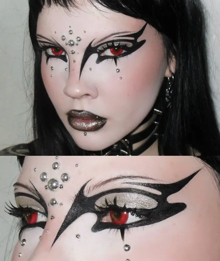 Dramatic black and red emo makeup design