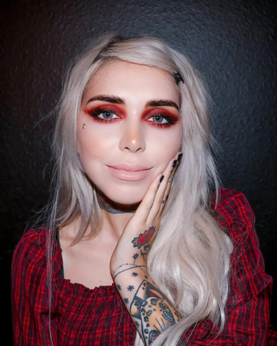 Bold red and soft nude emo makeup look