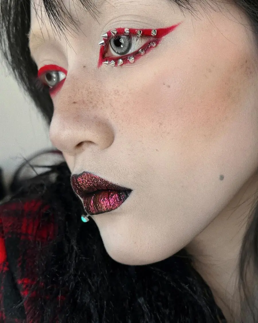 Bold red accents and shimmering black lips