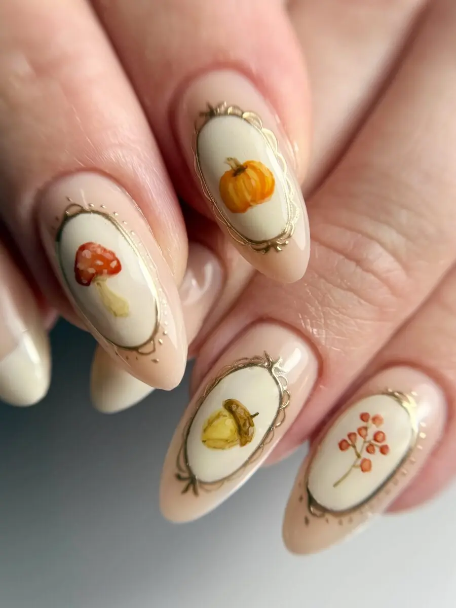 Charming autumn-themed nail art with nature motifs