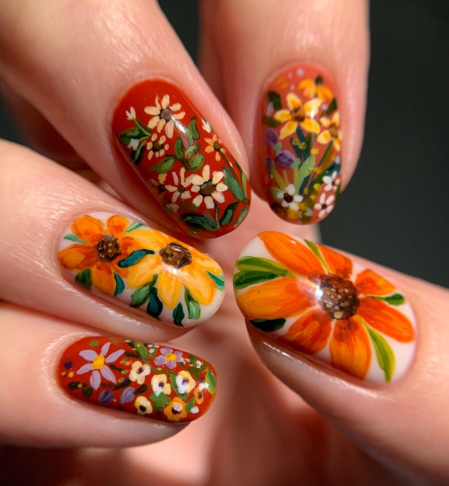 Vibrant floral designs for autumn nails