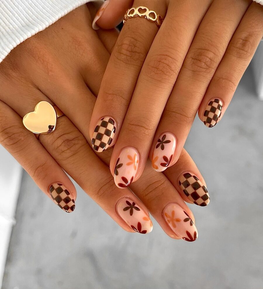 Chic fall nails with plaid and floral designs