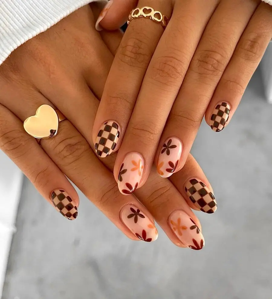 Chic fall nails with plaid and floral designs