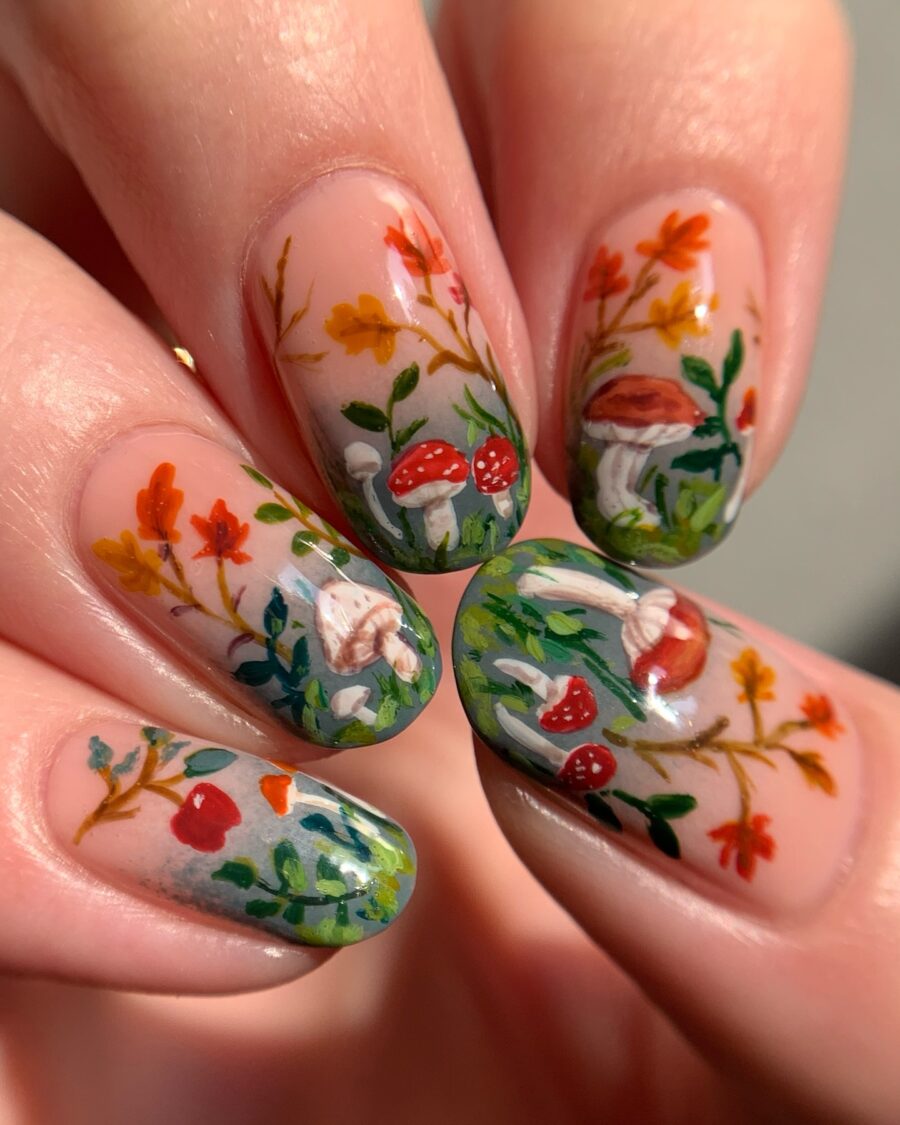 Charming fall-inspired nail art with mushrooms