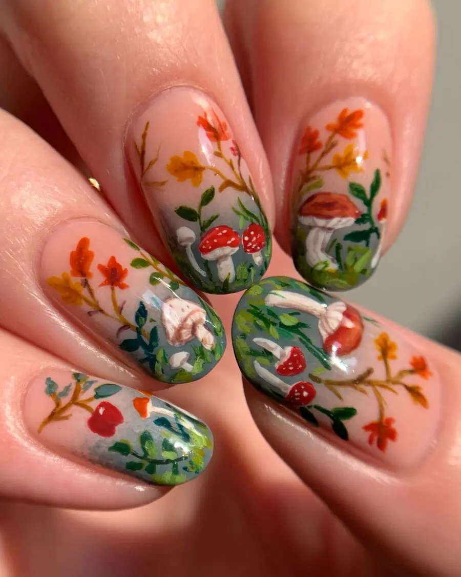 Charming fall-inspired nail art with mushrooms