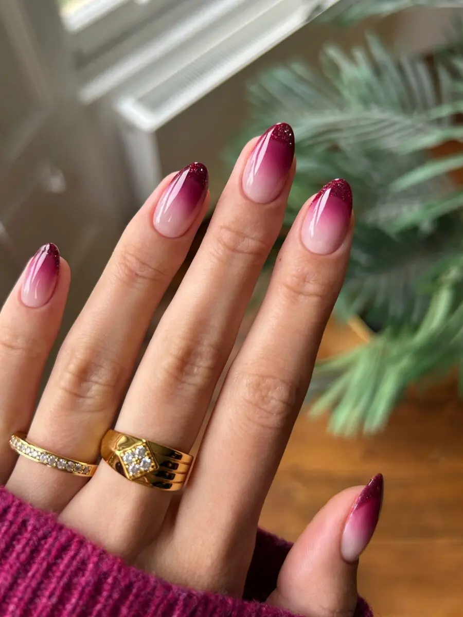 Elegant Ombre Nails with Purple Glitter Tips