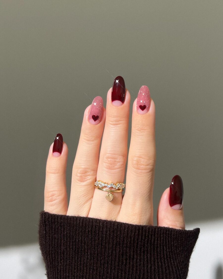 Chic fall nails with red and pink accents