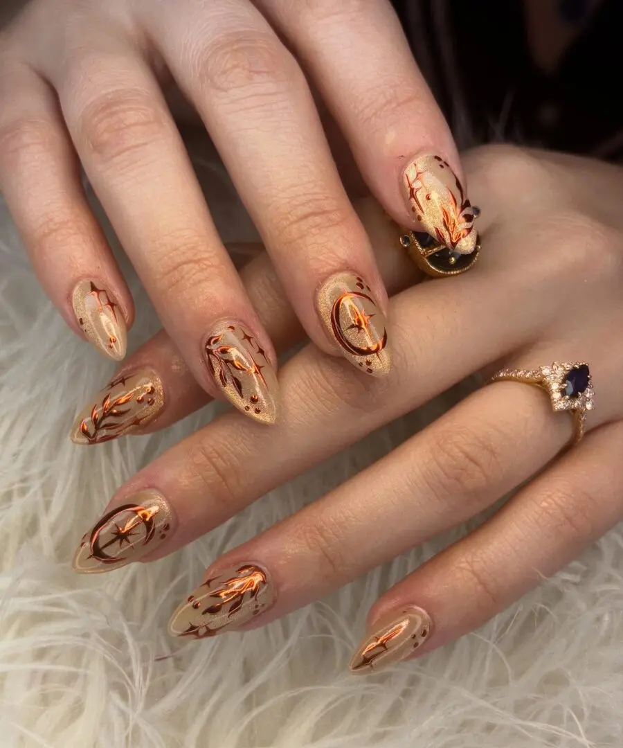 Vibrant fall nails with intricate designs