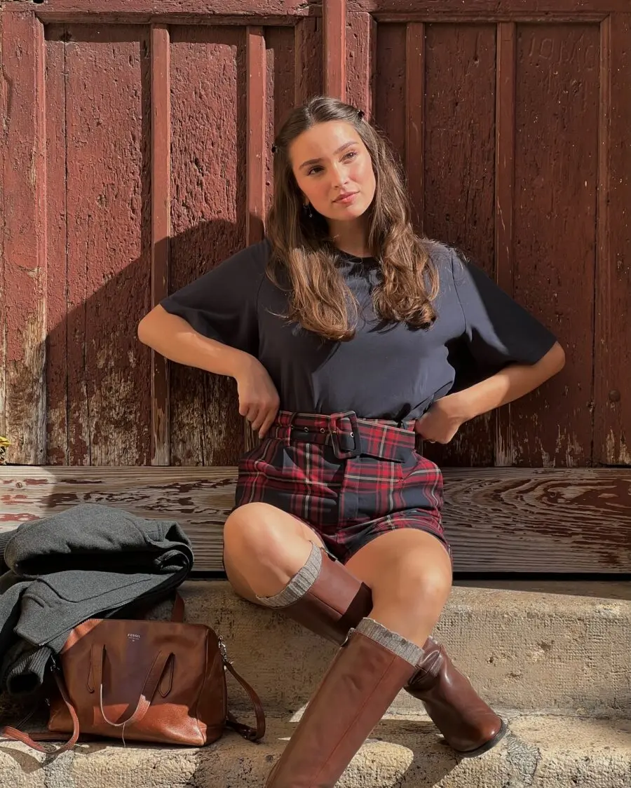 Chic fall look with playful plaid shorts