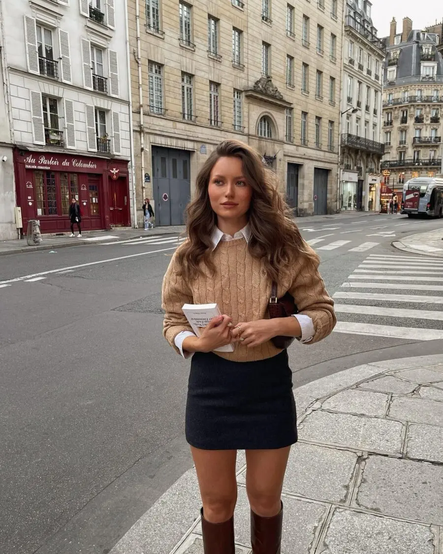 Chic Fall Look with Knit Sweater and Mini Skirt