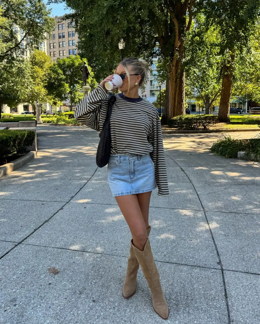 Chic Striped Top and Denim Skirt Ensemble