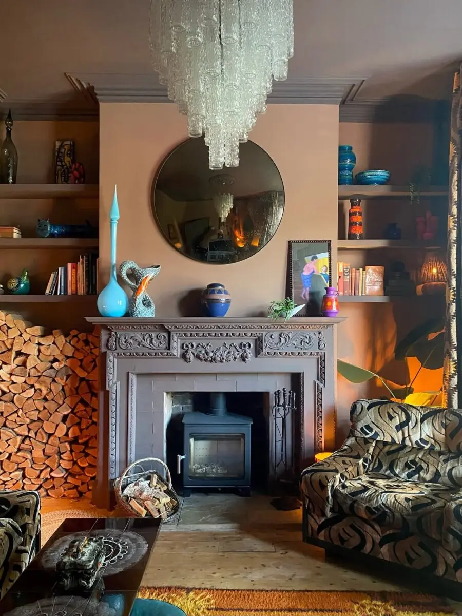 Eclectic fireplace décor with bold colors and textures