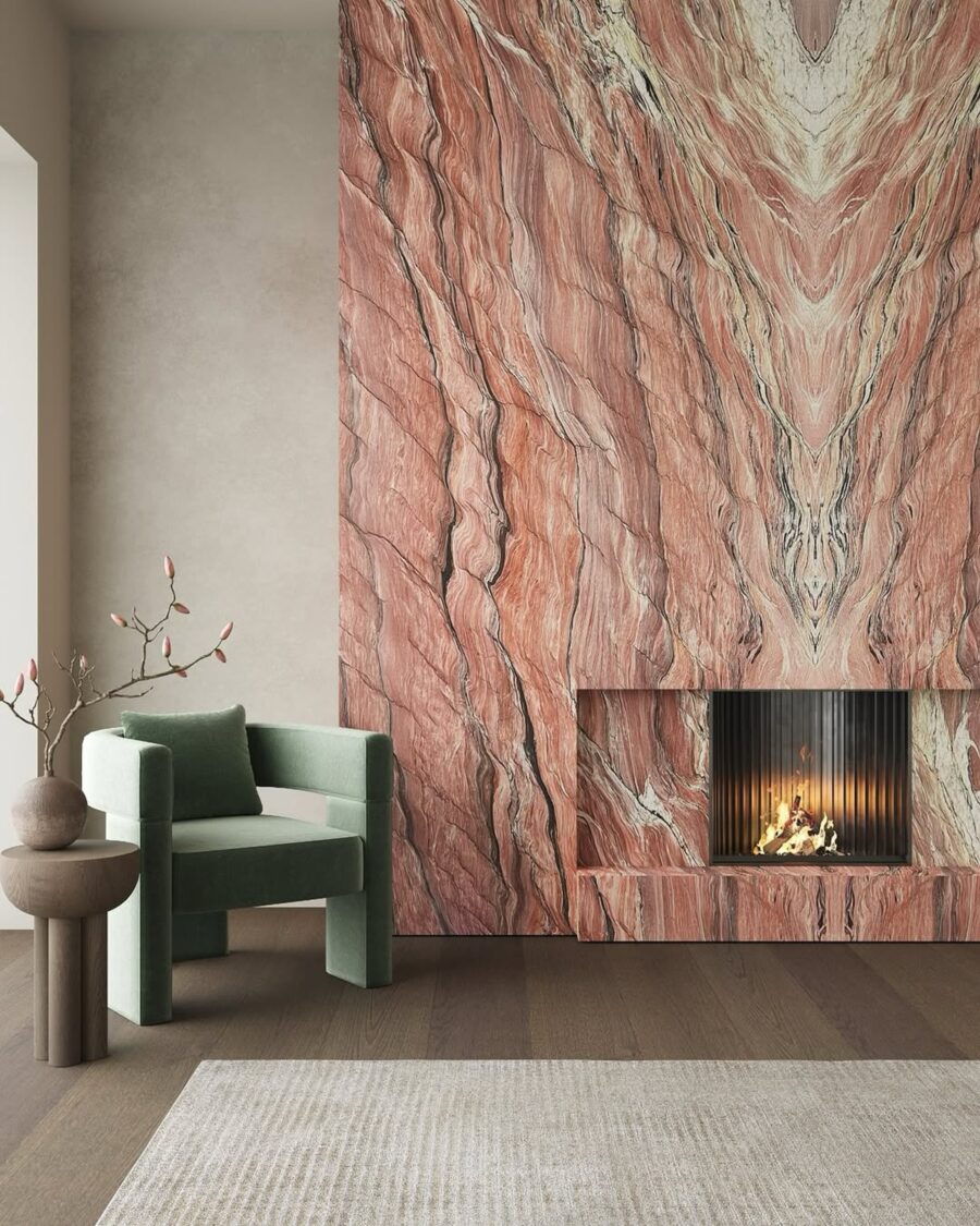 Elegant marble fireplace wall in warm hues