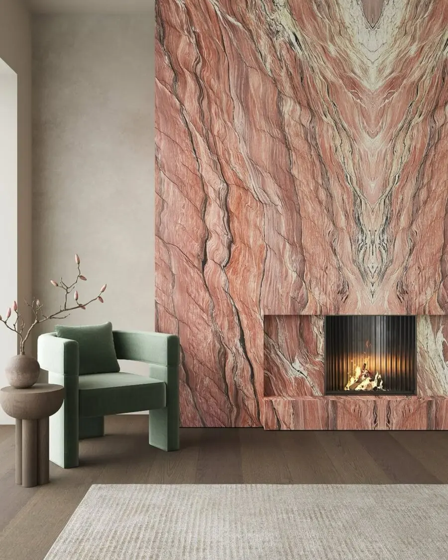 Elegant marble fireplace wall in warm hues