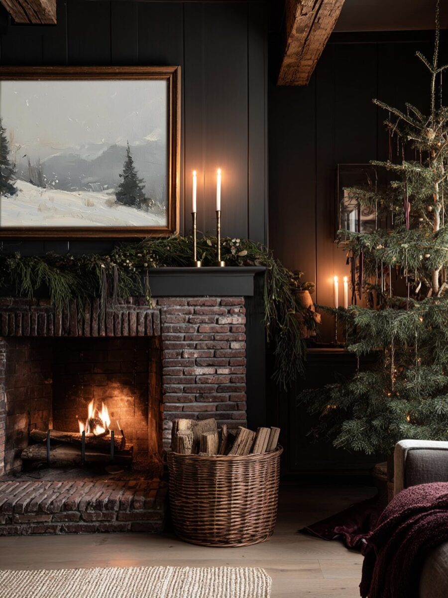 Cozy winter fireplace with seasonal decor