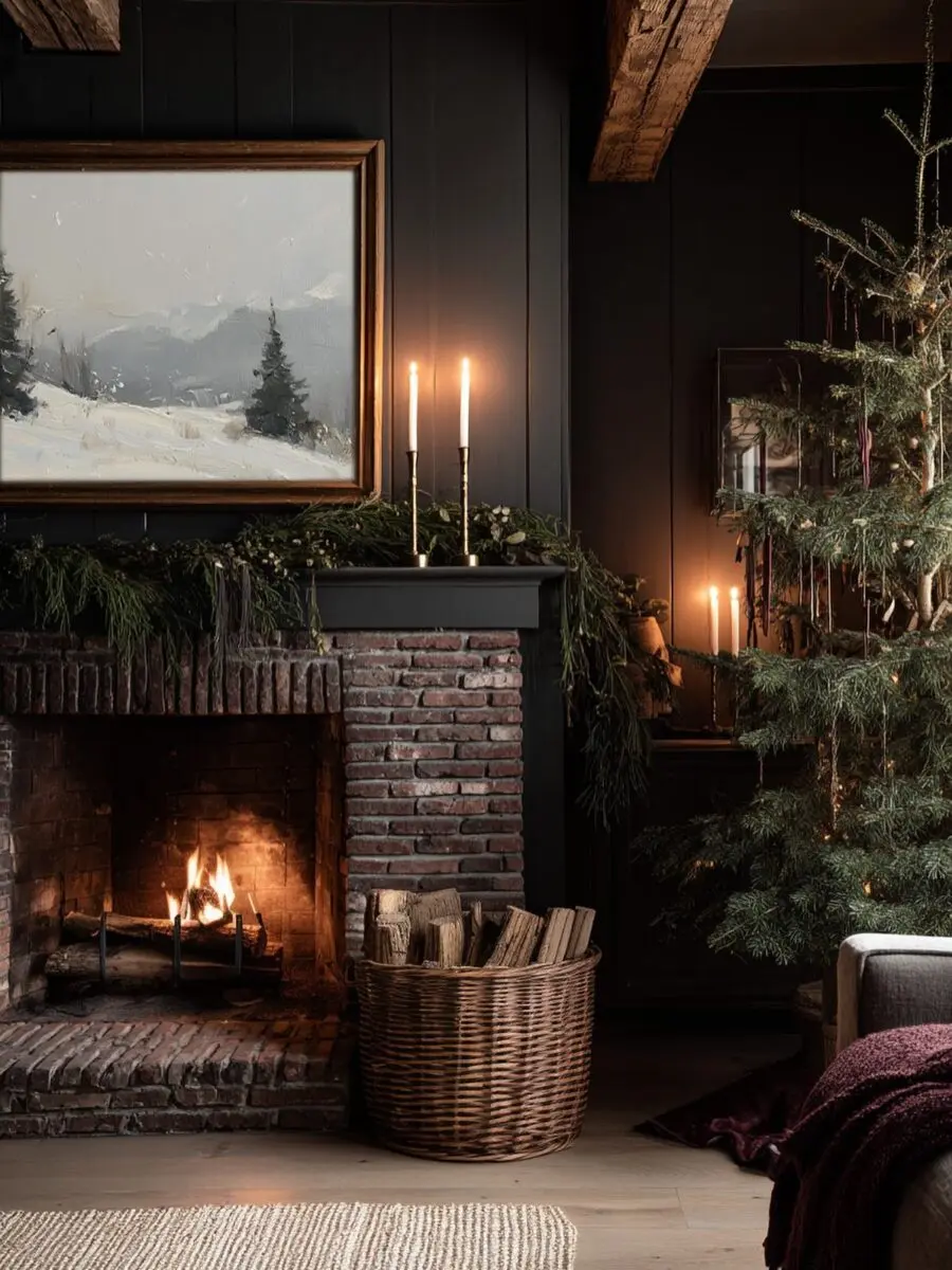 Cozy winter fireplace with seasonal decor