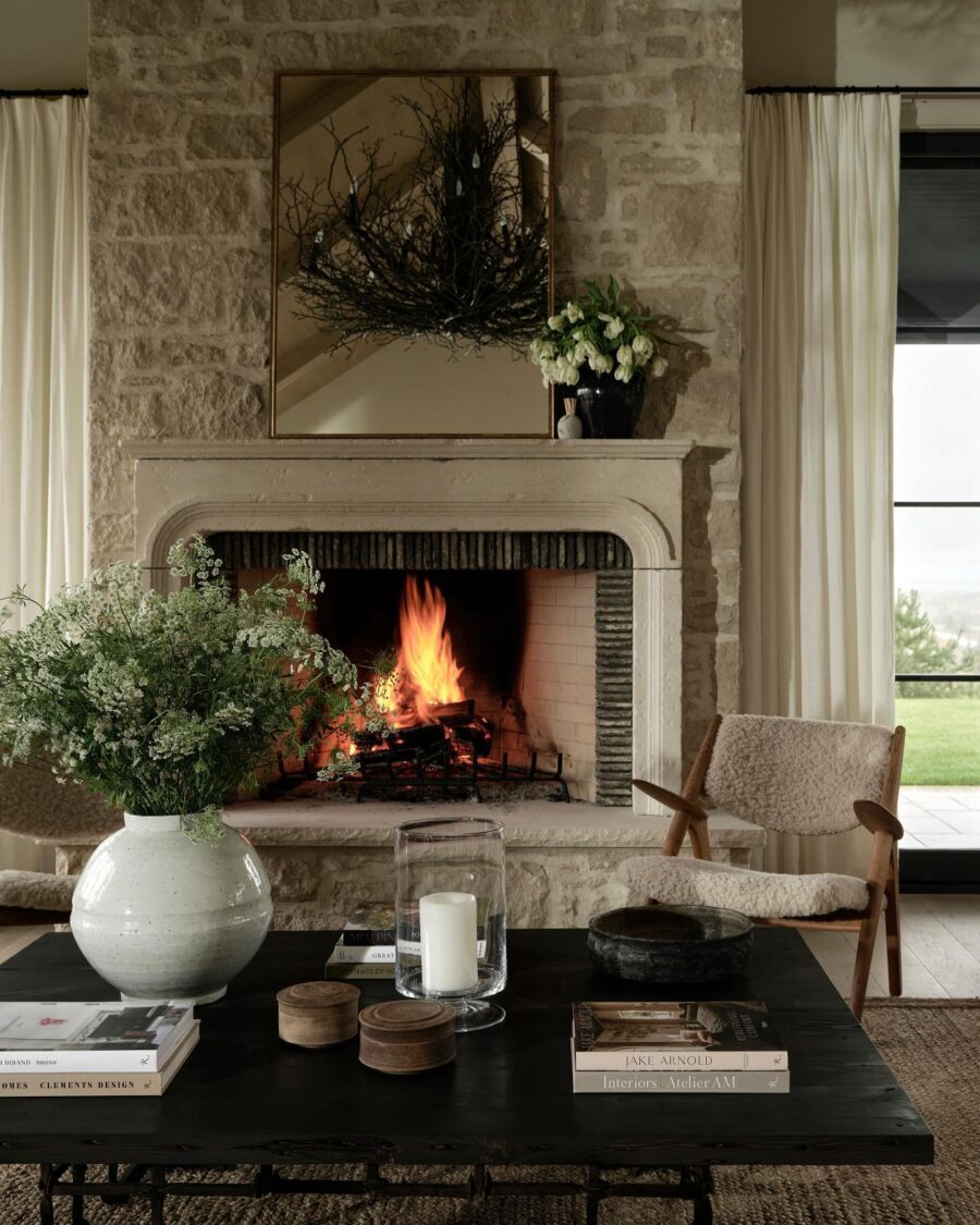 Elegant modern fireplace with natural stone elements