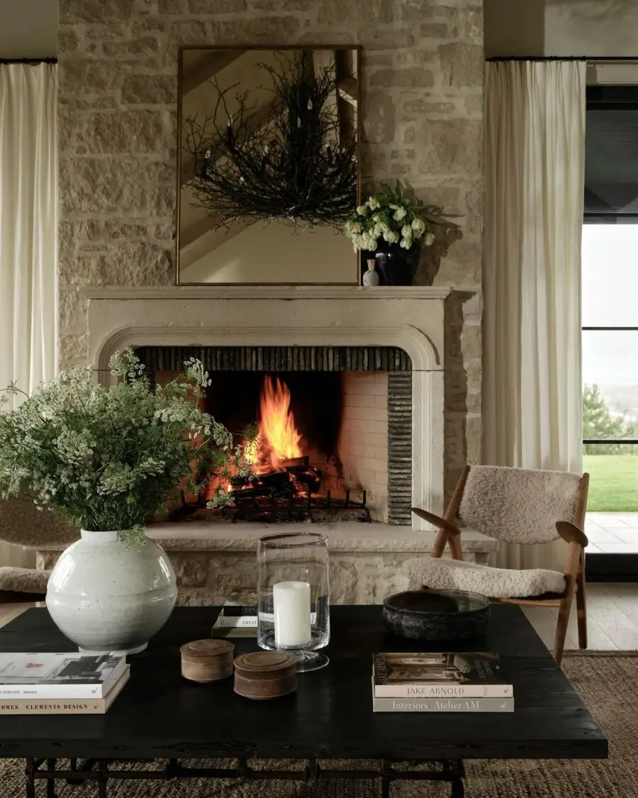 Elegant modern fireplace with natural stone elements