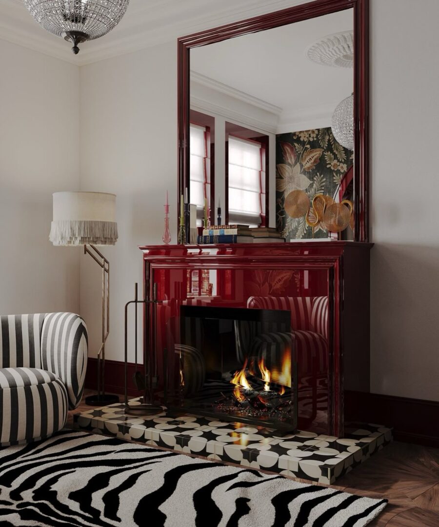 Stylish Red Fireplace with Bold Patterns
